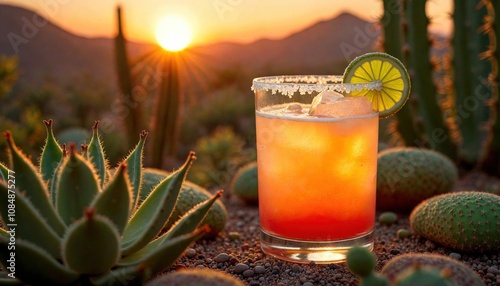 Margarita in Salt-Rimmed Glass Among Succulents photo