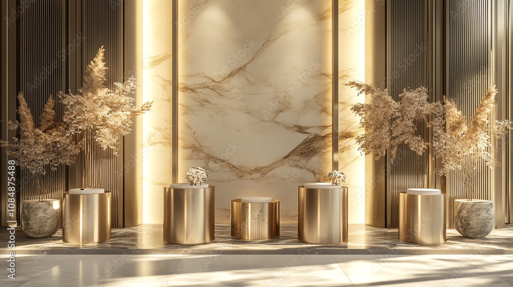 Elegant marble interior with golden accents and natural decor. Elegant marble interior with golden accents and natural decor.