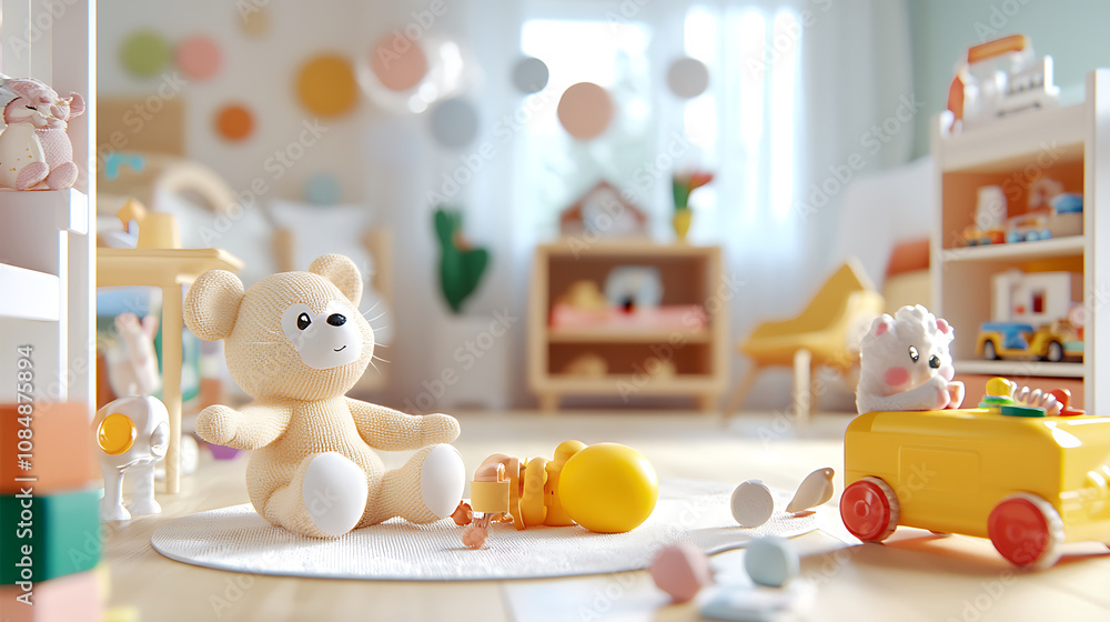 child’s playroom filled with colorful toys, featuring soft teddy bear, yellow toy car, and playful decorations. warm atmosphere invites joy and creativity child’s playroom filled with colorful toys, featuring soft teddy bear, yellow toy car, and playful decorations. warm atmosphere invites joy and creativity