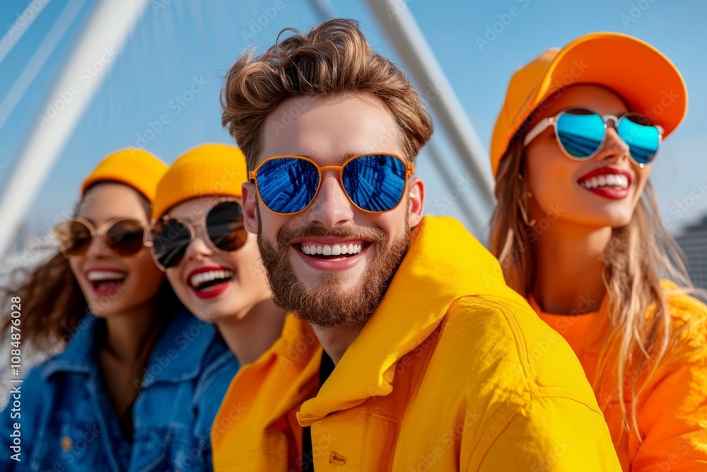 Stylish group of friends laughing together on a city bridge, capturing fun moments in trendy outfits Stylish group of friends laughing together on a city bridge, capturing fun moments in trendy outfits