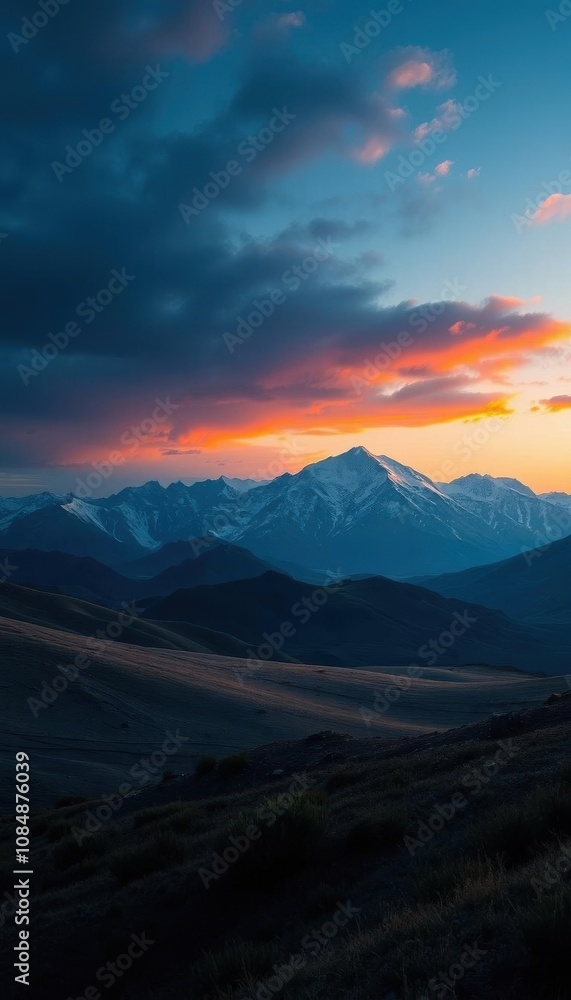 Fototapeta premium mountains with a sunset in the distance