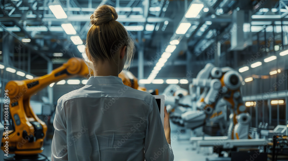Female Engineer Overseeing Advanced Robotic Automation in a Modern Factory Female Engineer Overseeing Advanced Robotic Automation in a Modern Factory