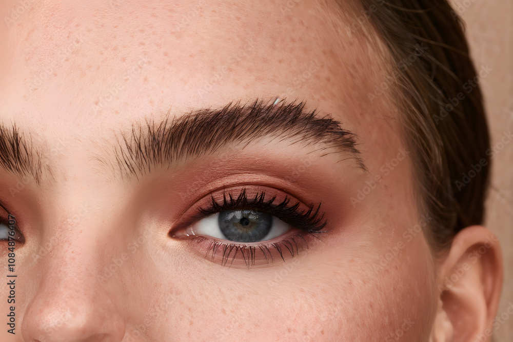 Fototapeta premium A woman with brown hair and blue eyes is wearing makeup