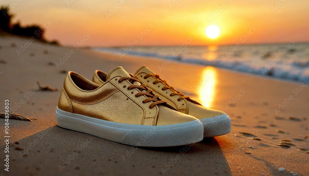 Naklejka premium Gold Sneakers on Mississippi Sunset Beach