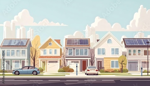 Street of beautiful residential houses with rooftop solar panels and electric vehicles.
