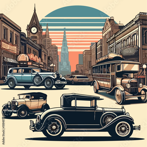 Illustration of a vintage car in the city