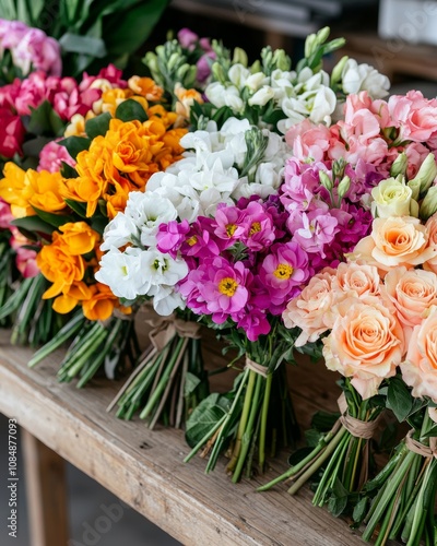 A vibrant display of assorted fresh flowers arranged beautifully on a wooden table, showcasing a variety of colors and types.