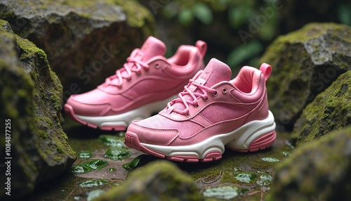 Pink Sneakers Among Mossy Rocks