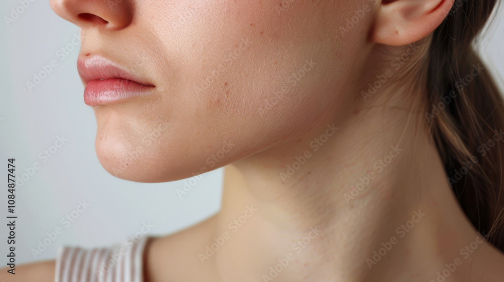 Obraz premium Side view of female neck and jawline showing slight swelling, emphasizing thyroid gland health and potential inflammation