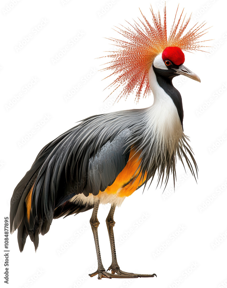 A large bird with a red beak and a black and white head stands on a white background A large bird with a red beak and a black and white head stands on a white background