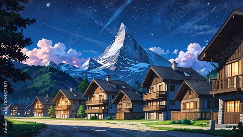 Starry Night Mountain Village Houses Alps Landscape