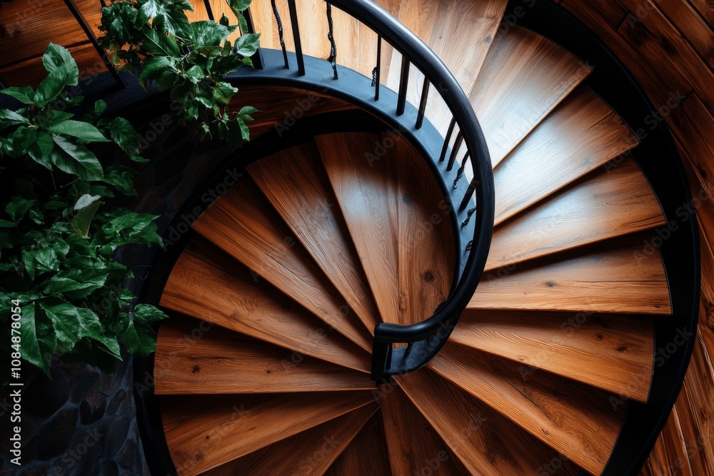Obraz premium Wooden staircase in a cozy cabin, with natural light streaming through windows