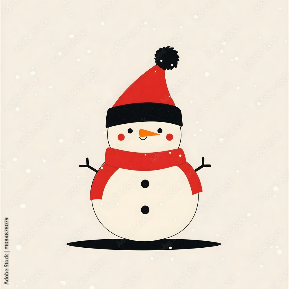 Fototapeta premium Cute Snowman with Red Hat and Scarf in Snowfall, Festive Winter Illustration