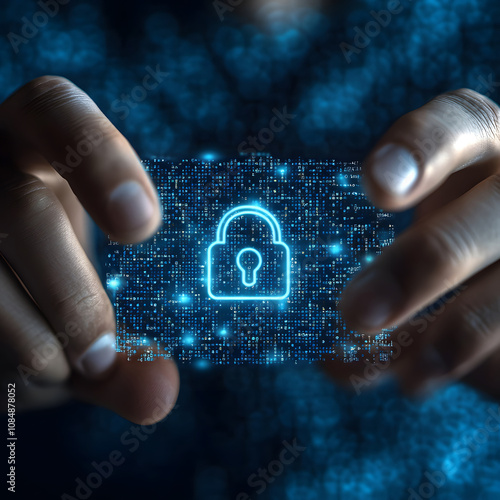 A person holds a digital card featuring a lock symbol, representing cybersecurity, data protection, and digital privacy in a tech-savvy environment.