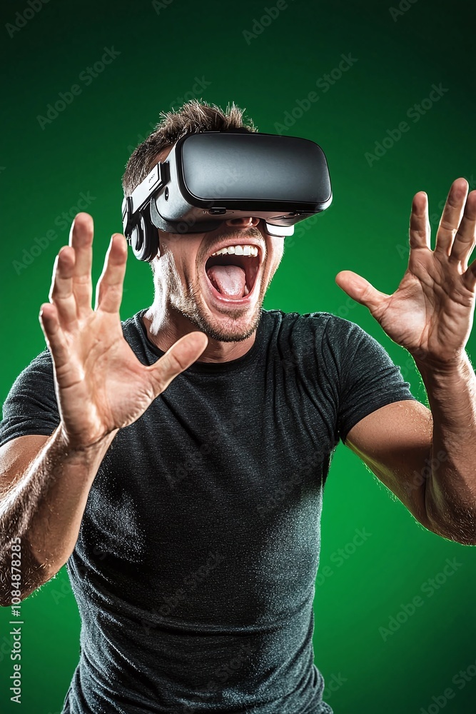 Man Wearing VR Headset Reacting To Virtual Reality. Man Wearing VR Headset Reacting To Virtual Reality.