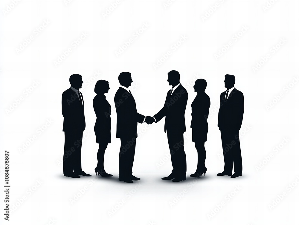 Silhouette of six business professionals, with two individuals in the center shaking hands, symbolizing teamwork, partnership, and professional agreement Silhouette of six business professionals, with two individuals in the center shaking hands, symbolizing teamwork, partnership, and professional agreement