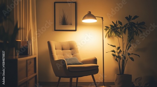 A small office corner with soft lighting a comfortable chair and minimalist decor perfect for productivity