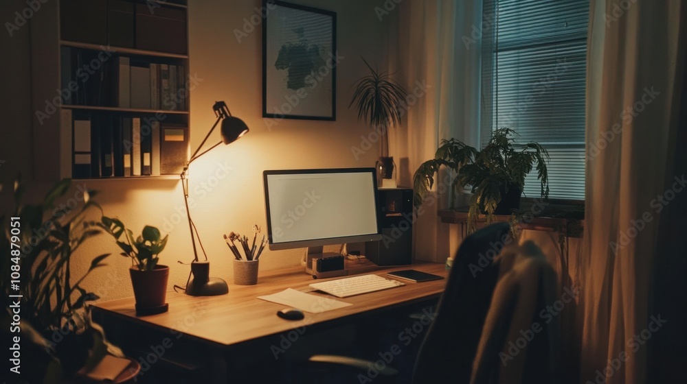 A cozy office nook with warm lighting natural textures and a simple yet inviting design for creativity A cozy office nook with warm lighting natural textures and a simple yet inviting design for creativity
