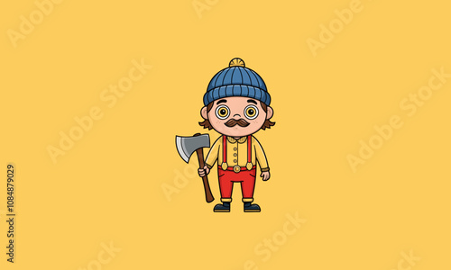 Cartoon lumberjack with a mustache holding an axe.