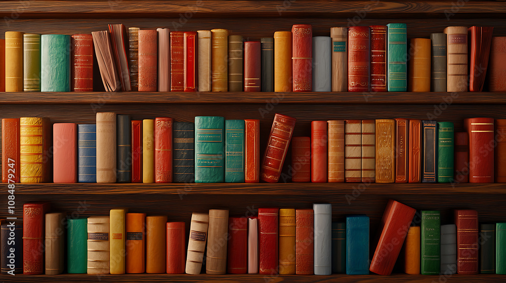 Classic wooden library filled with colorful books on shelves, creating warm and inviting atmosphere for reading and study Classic wooden library filled with colorful books on shelves, creating warm and inviting atmosphere for reading and study