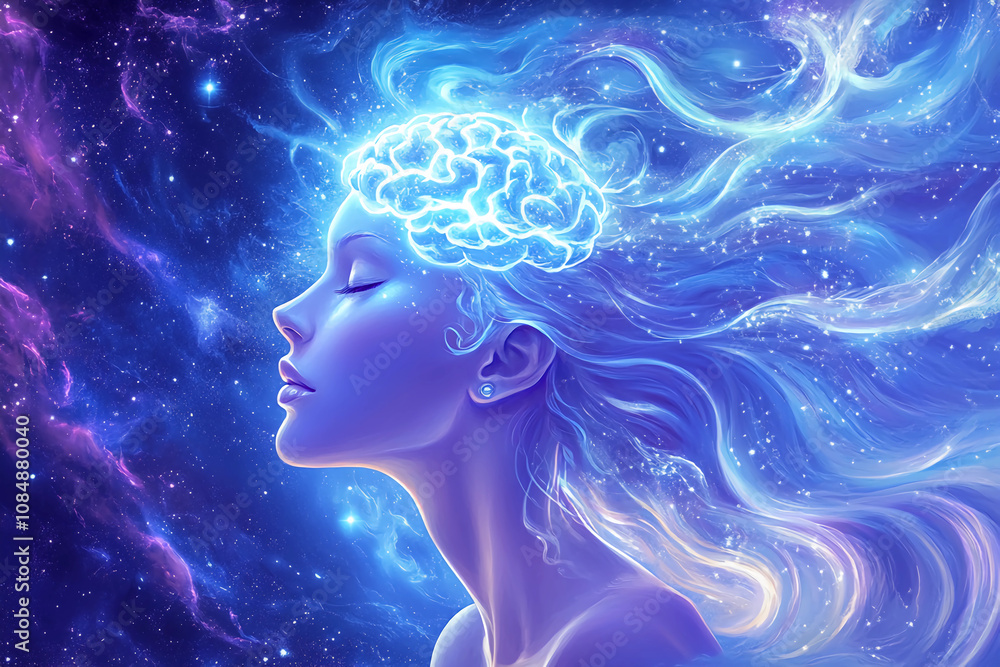 A woman with a large brain is floating in space A woman with a large brain is floating in space