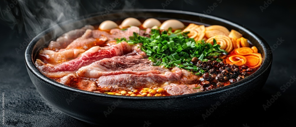A vibrant bowl of hot pot with assorted meats, vegetables, and garnishes, showcasing a delicious mixture of ingredients in a steaming broth. A vibrant bowl of hot pot with assorted meats, vegetables, and garnishes, showcasing a delicious mixture of ingredients in a steaming broth.