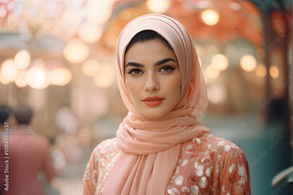 A woman wearing a pink scarf and a red lipstick A woman wearing a pink scarf and a red lipstick