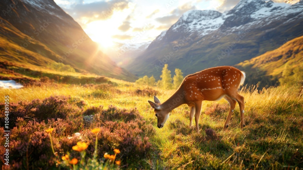 Deer grazing in serene highland valley snow-covered landscape evening light Deer grazing in serene highland valley snow-covered landscape evening light