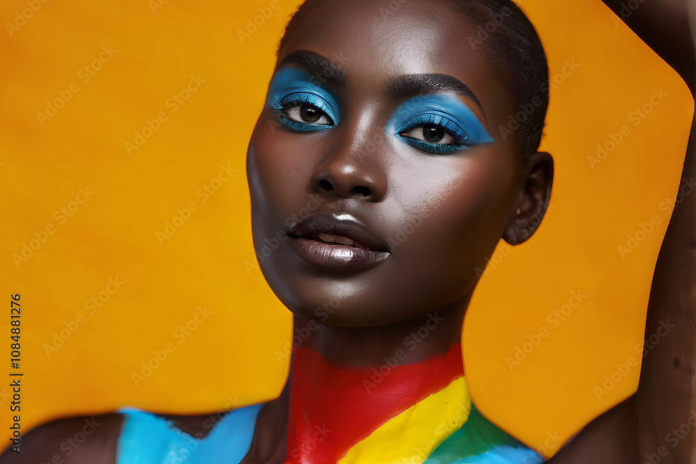 A woman with blue eyes and blue eyeliner is painted in a rainbow of colors A woman with blue eyes and blue eyeliner is painted in a rainbow of colors