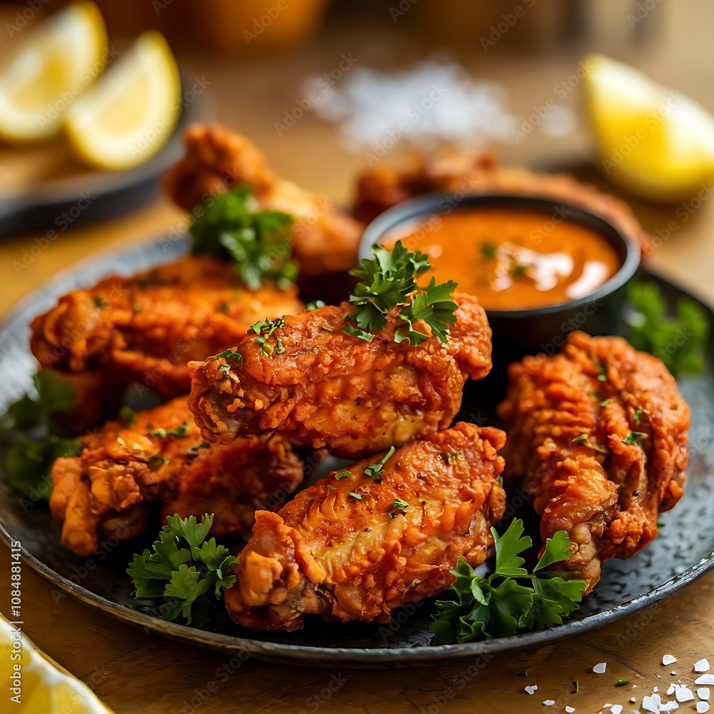 Golden fried chicken wings with spicy dipping sauce, garnished with parsley and served on rustic black slate platter Golden fried chicken wings with spicy dipping sauce, garnished with parsley and served on rustic black slate platter