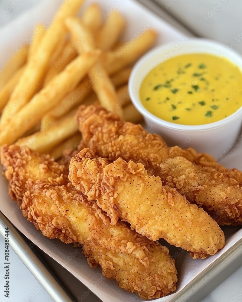 Crispy fried chicken tenders and golden french fries fast food restaurant food photography vibrant setting close-up culinary delight Crispy fried chicken tenders and golden french fries fast food restaurant food photography vibrant setting close-up culinary delight