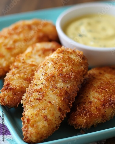 Crispy fried chicken tenders with vibrant french fries gourmet plate kitchen setting close-up culinary delight for food enthusiasts