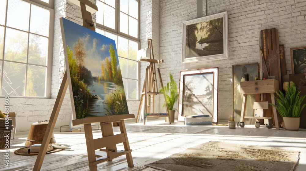 A traditional painting easel with a digital canvas displaying a virtual landscape, set in a minimalist art studio, symbolizing the integration of traditional art and modern technology A traditional painting easel with a digital canvas displaying a virtual landscape, set in a minimalist art studio, symbolizing the integration of traditional art and modern technology