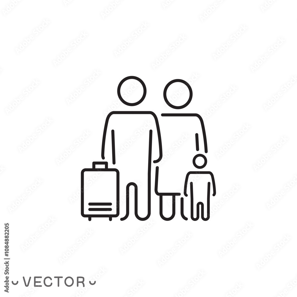 refugee family icon, thin line symbol isolated on white background, editable stroke eps 10 vector illustration refugee family icon, thin line symbol isolated on white background, editable stroke eps 10 vector illustration