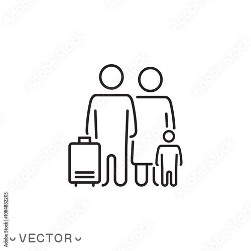 refugee family icon, thin line symbol isolated on white background, editable stroke eps 10 vector illustration