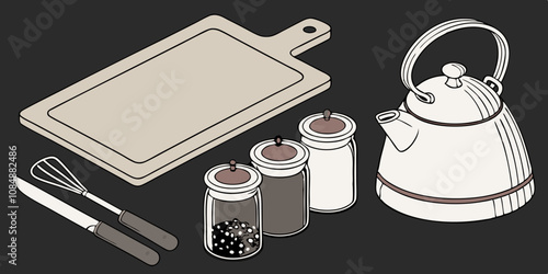 home decent assents in daily kitchen used in black background.