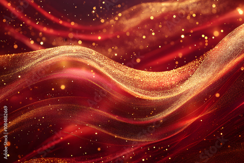 Glowing Red and Gold Waves with Sparkling Lights and Bokeh Effects