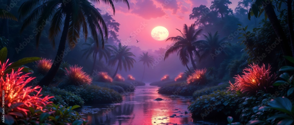 Tranquil Jungle River at Golden Hour with Lush Vegetation and Reflective Water Surface Tranquil Jungle River at Golden Hour with Lush Vegetation and Reflective Water Surface