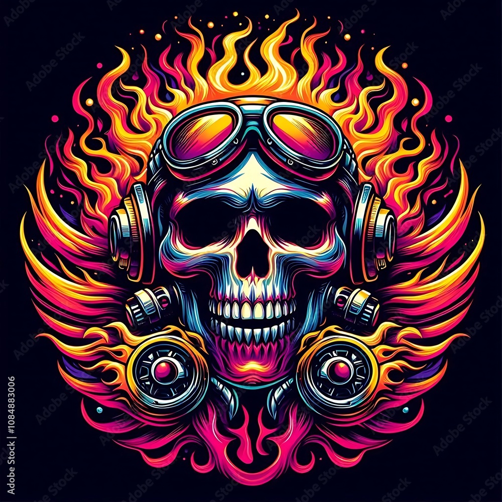Flaming skull wearing aviator goggles and headphones, surrounded by wings. Flaming skull wearing aviator goggles and headphones, surrounded by wings.