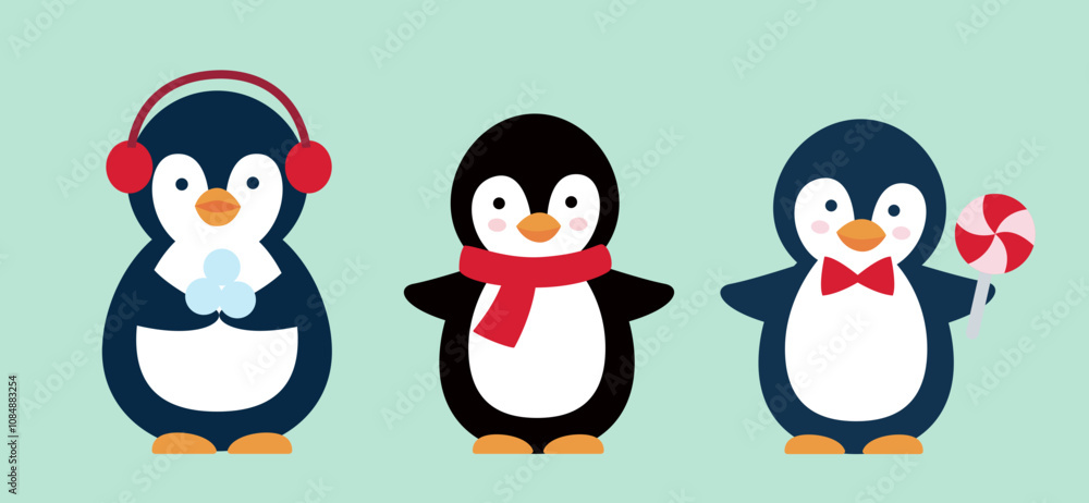 Obraz premium Set of cute Christmas penguins vector illustration. flat style christmas penguin element.