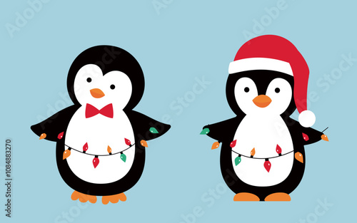 Set of cute Christmas penguins vector illustration.
flat style christmas penguin element.