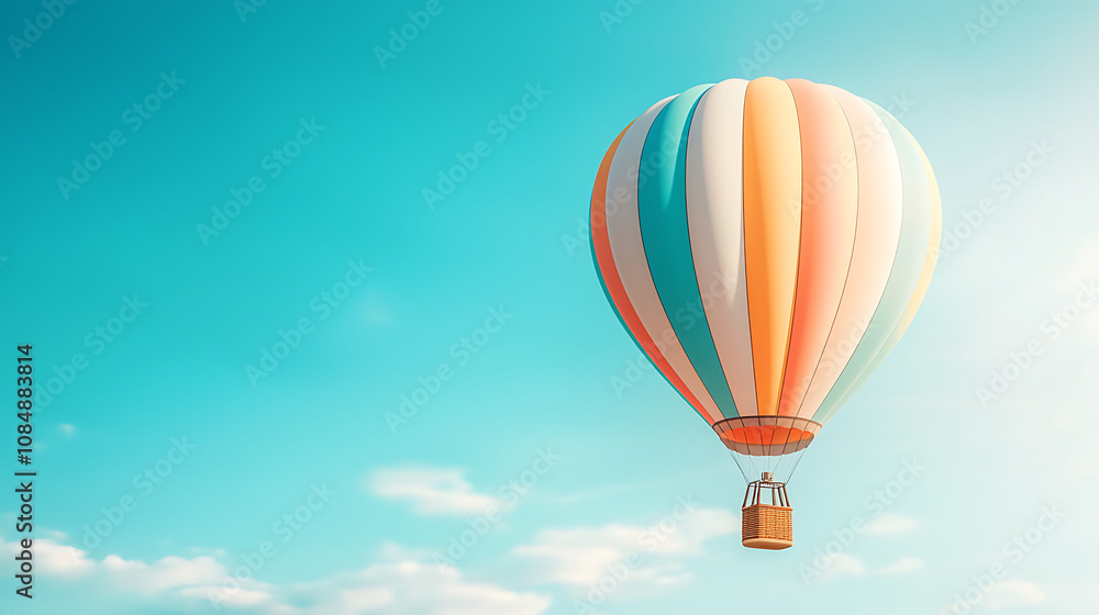 Obraz premium colorful hot air balloon floats gracefully in clear blue sky, evoking sense of adventure and freedom