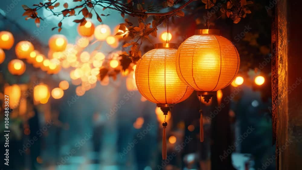 Red festive lanterns hanging by the street Red festive lanterns hanging by the street