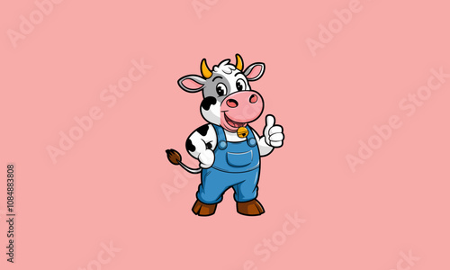 Cheerful cartoon cow in overalls giving a thumbs up.