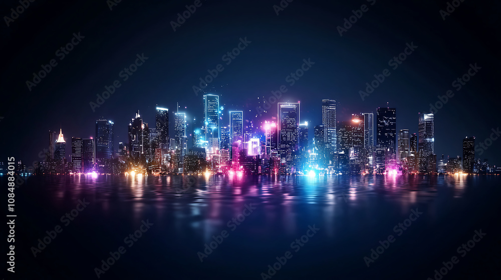 Fototapeta premium vibrant skyline of futuristic city illuminated by colorful lights reflects on water, creating stunning visual effect