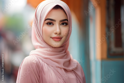 A woman wearing a pink hijab and a pink scarf