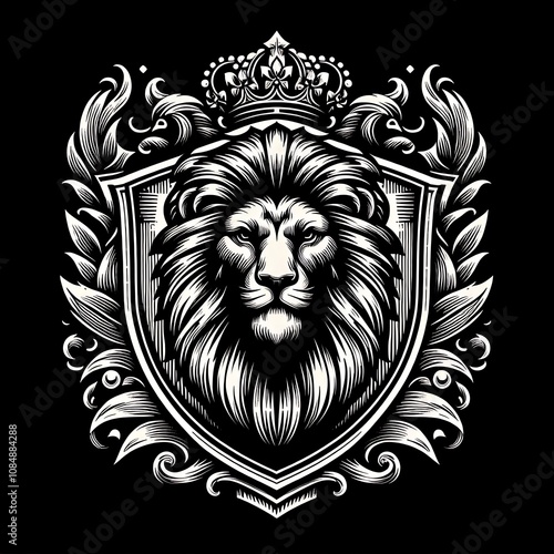 Majestic lion head crowned, within an ornate shield and floral frame, in monochrome.