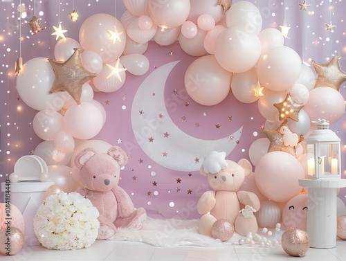 Dreamy baby shower setup with pastel balloons, stars, teddy bears, and a crescent moon backdrop.