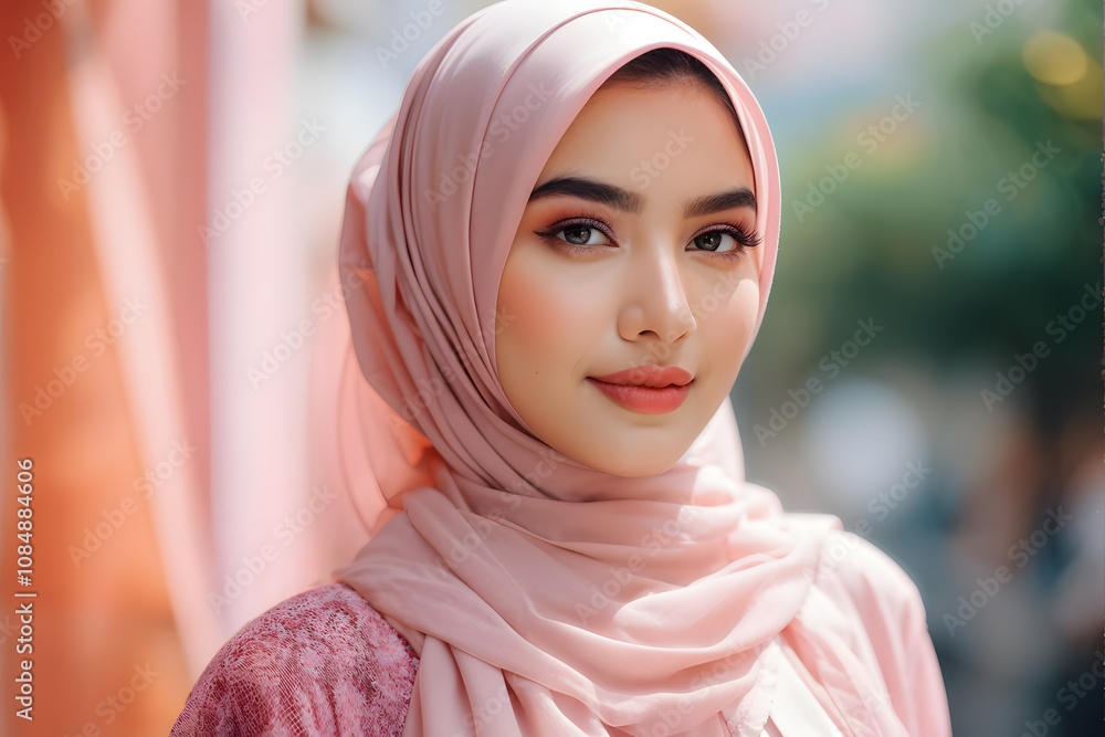 A woman wearing a pink hijab and a pink scarf A woman wearing a pink hijab and a pink scarf
