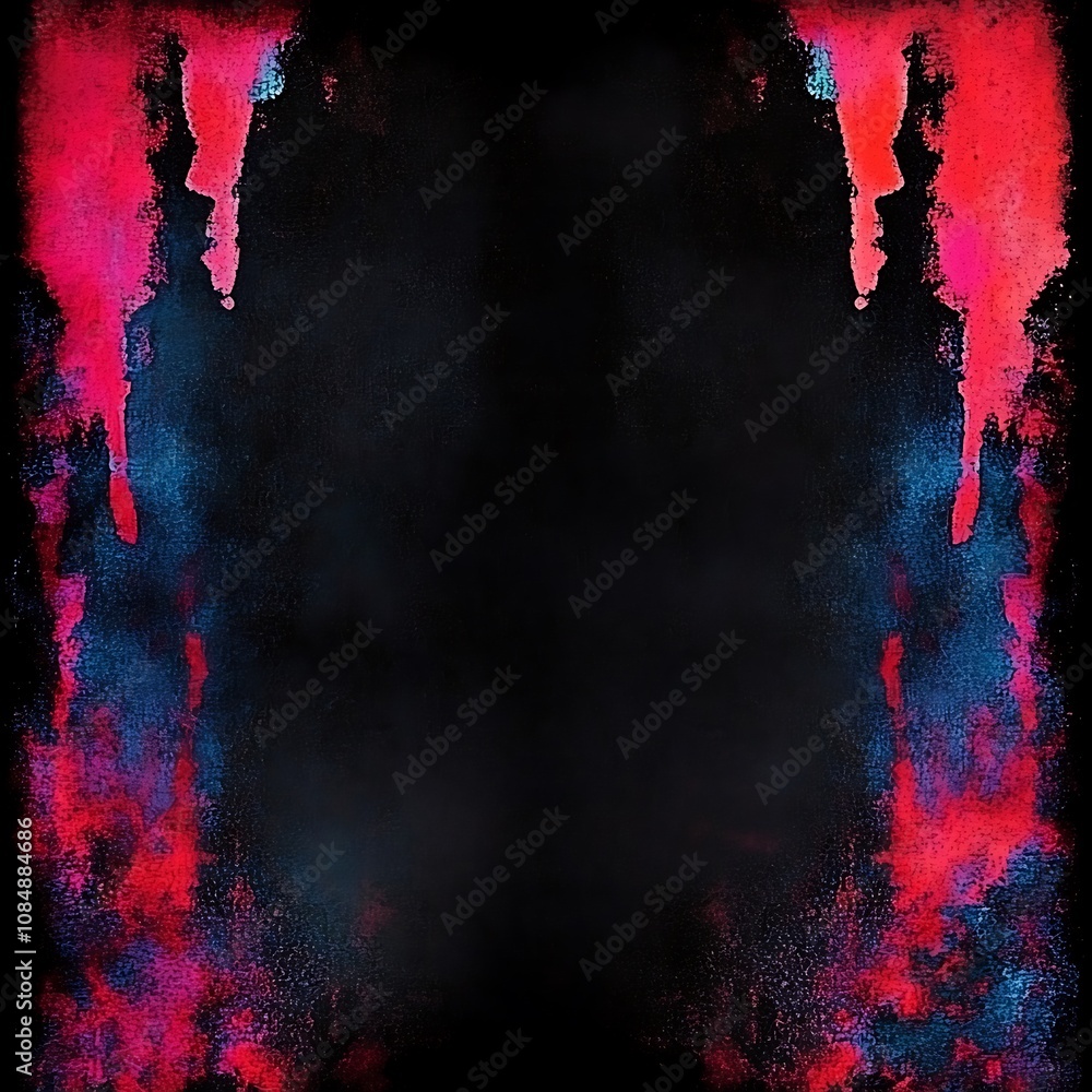 Abstract dark background with vibrant red and blue watercolor paint splatters creating a symmetrical frame. Abstract dark background with vibrant red and blue watercolor paint splatters creating a symmetrical frame.